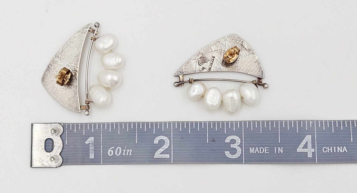 Artisan Sterling 14k Pearl Earrings Jewelry Artisan Signed Sterling - 14K Gold - Pearl Modernist Abstract 3D Earrings