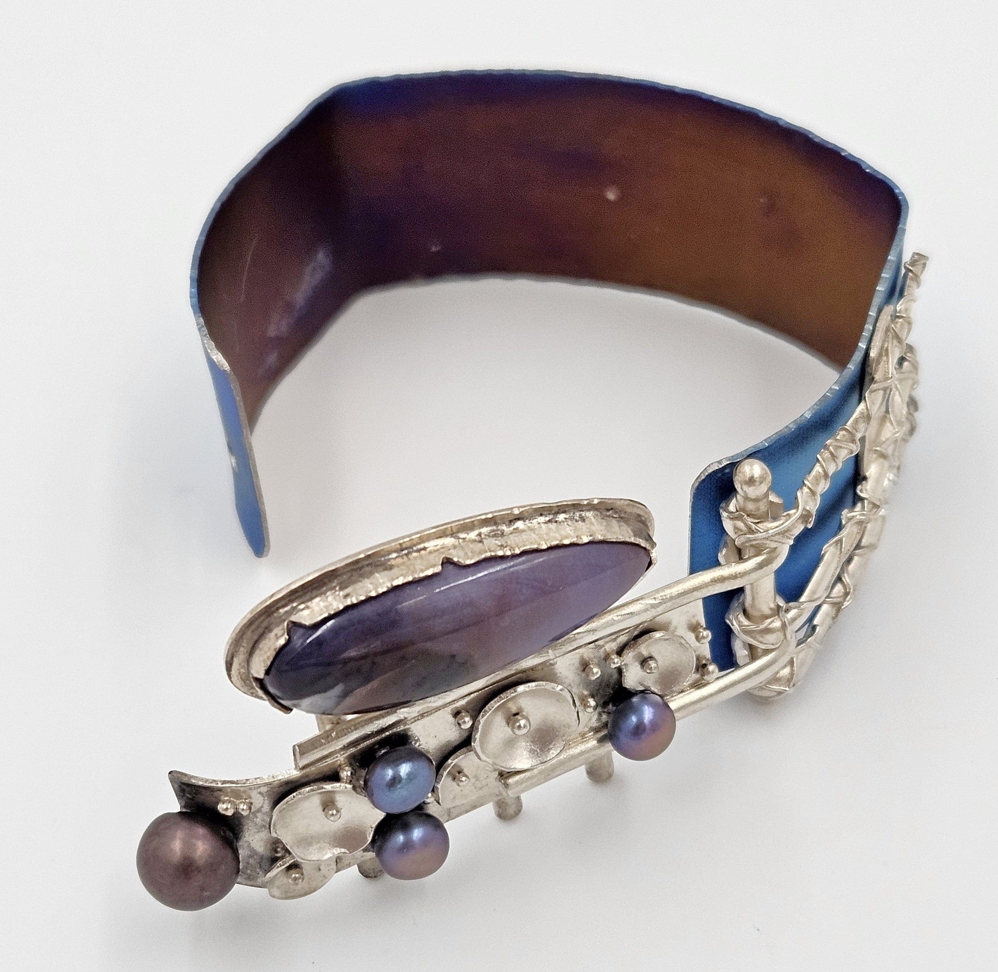 Artisan sterling silver abstract modernist Niobium Pearl Quartz Cuff Bracelet, view 7 of 9