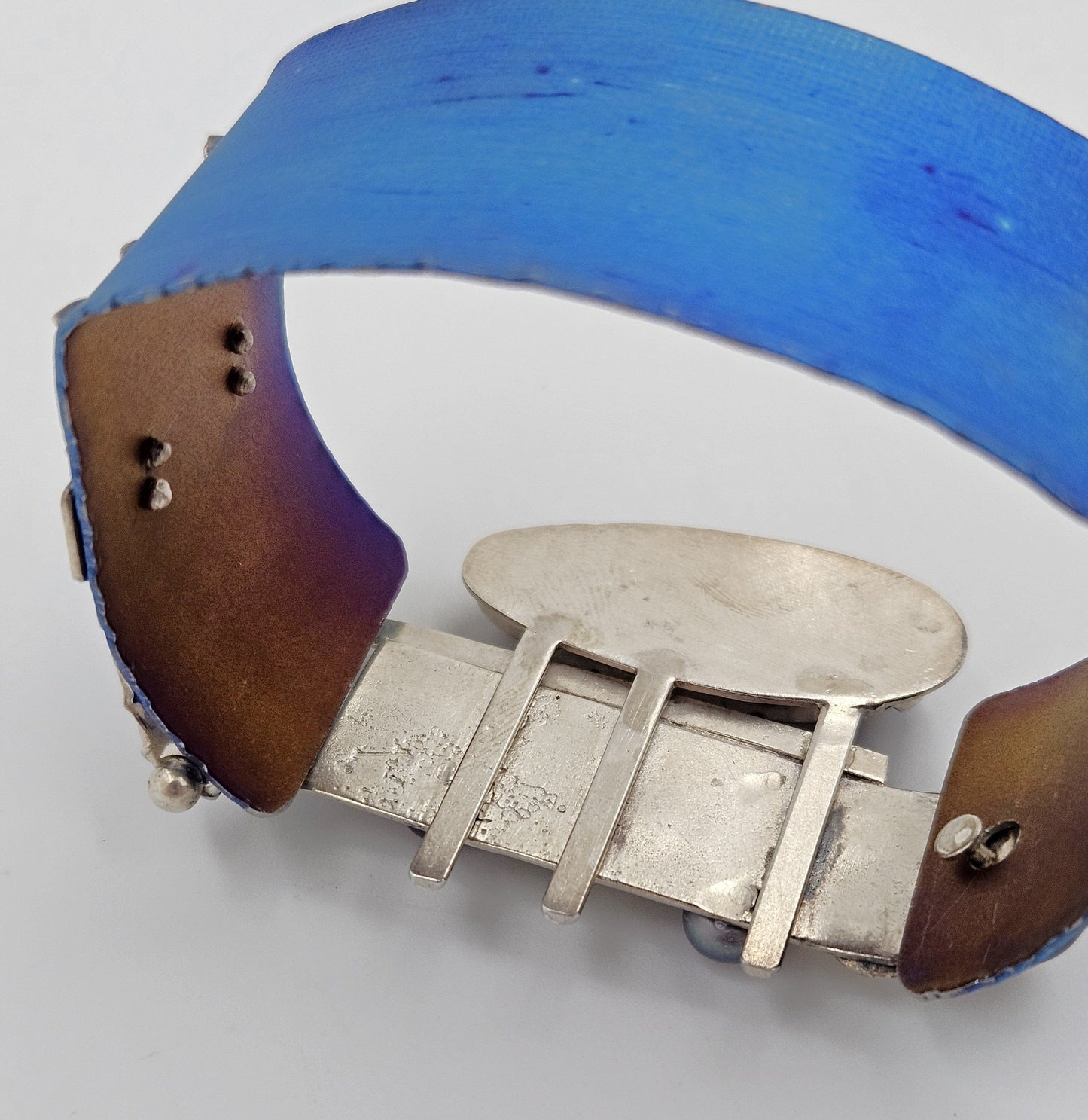 Artisan sterling silver abstract modernist Niobium Pearl Quartz Cuff Bracelet, view 6 of 9