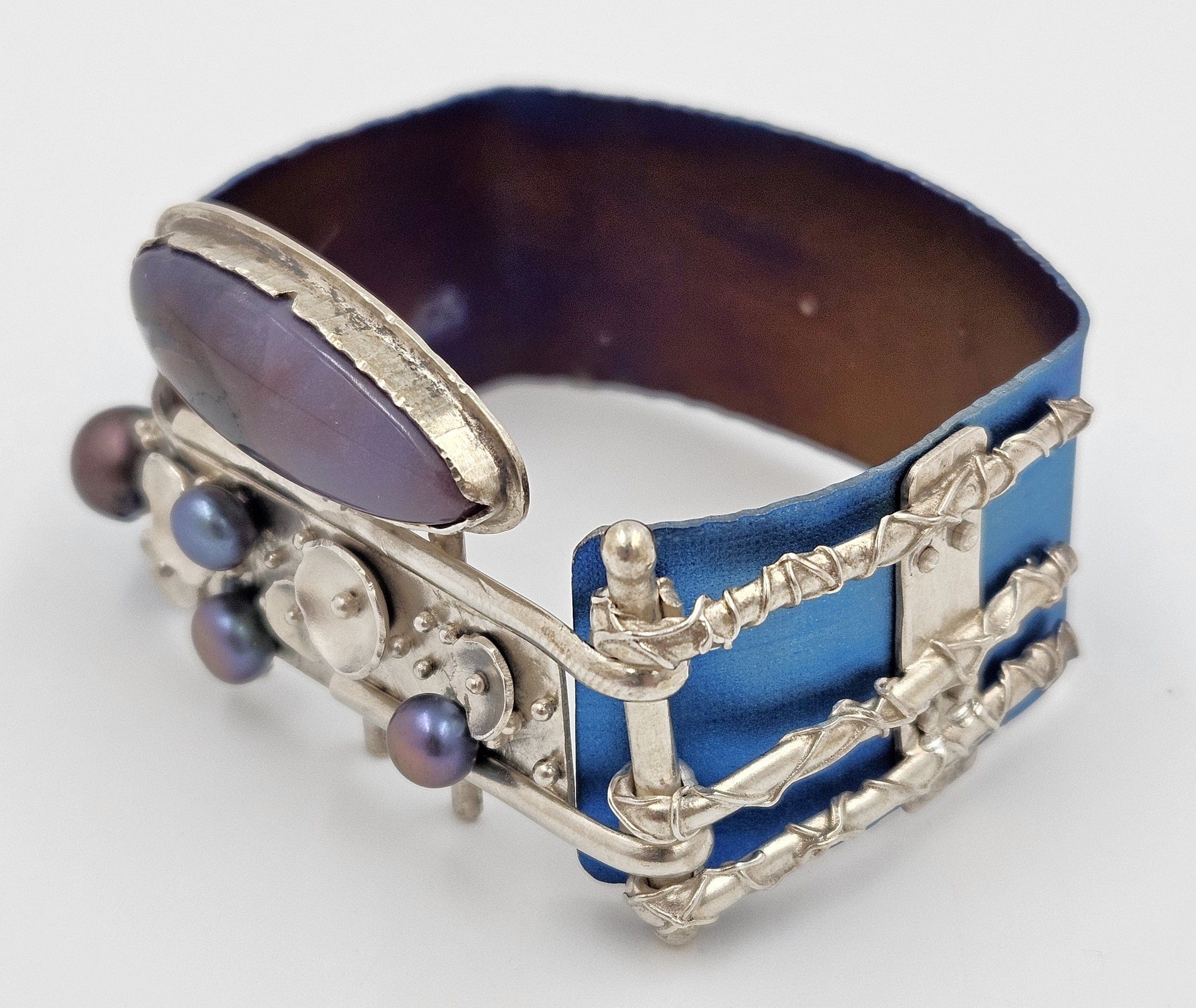 Artisan sterling silver abstract modernist Niobium Pearl Quartz Cuff Bracelet, view 3 of 9