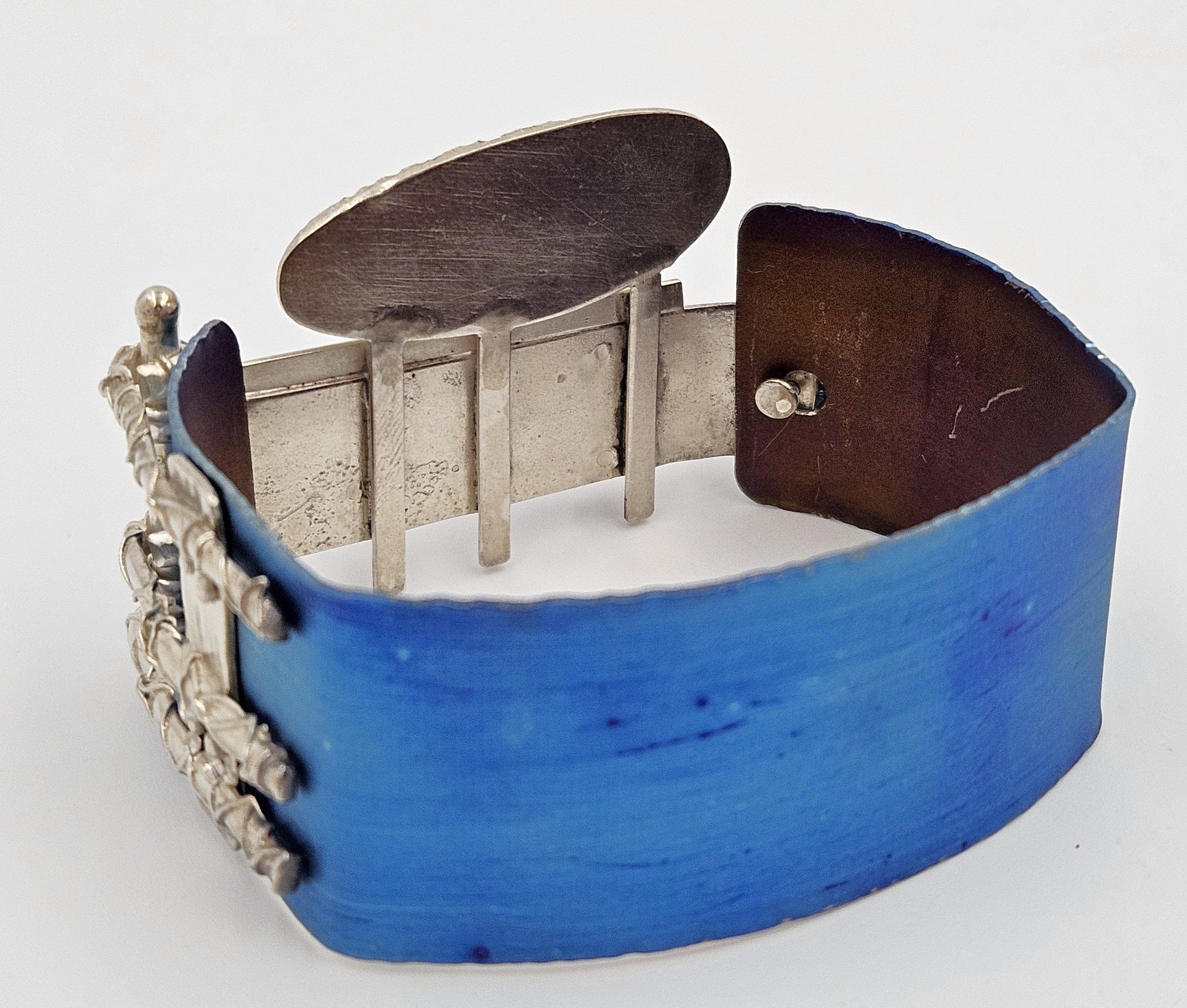 Artisan sterling silver abstract modernist Niobium Pearl Quartz Cuff Bracelet, view 5 of 9