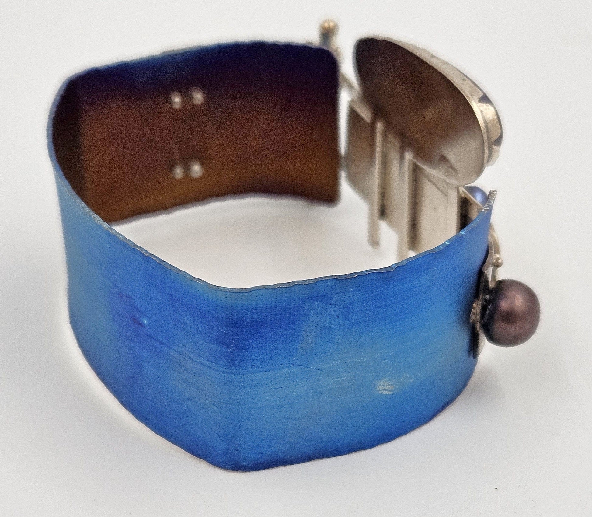 Artisan sterling silver abstract modernist Niobium Pearl Quartz Cuff Bracelet, view 4 of 9