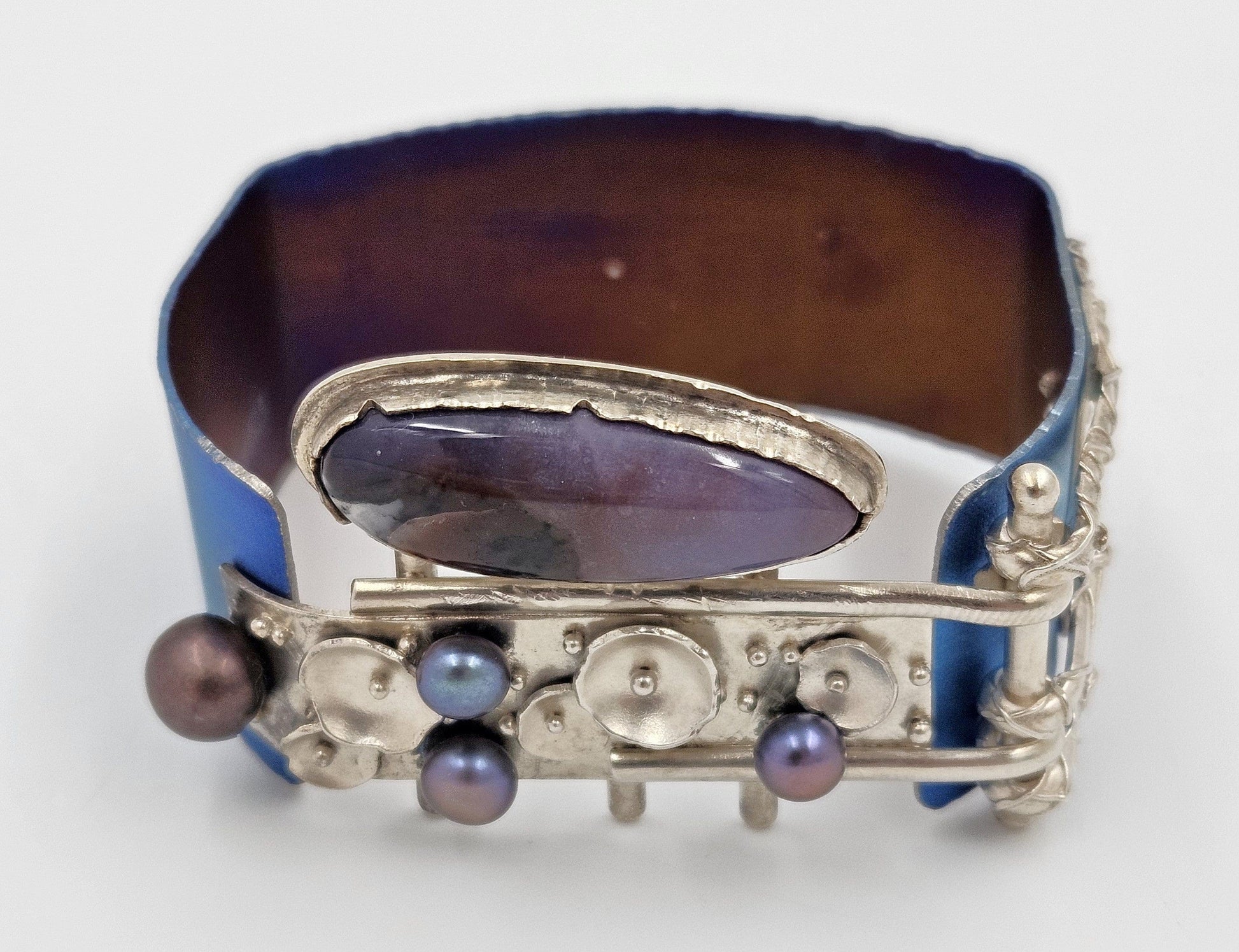 Artisan sterling silver abstract modernist Niobium Pearl Quartz Cuff Bracelet, view 1 of 9