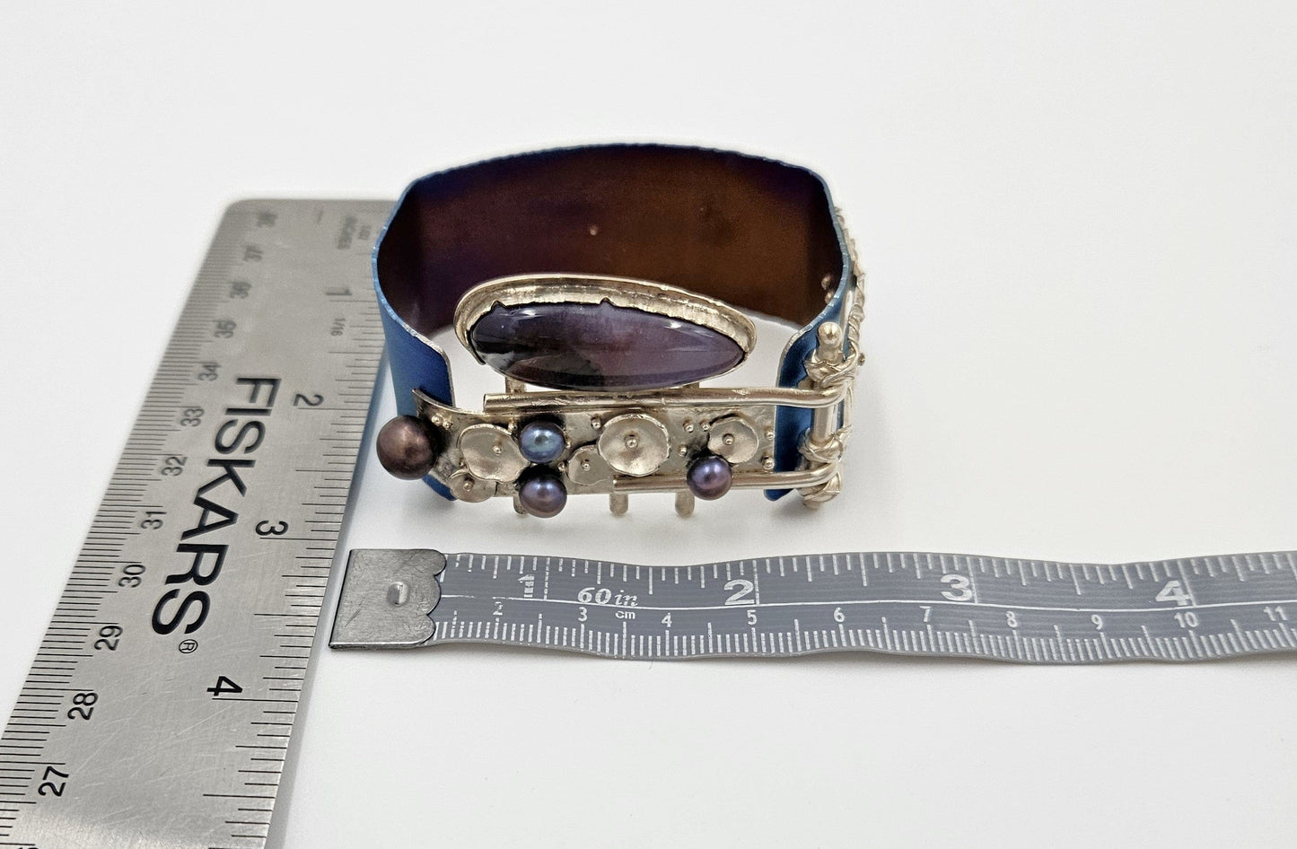 Artisan sterling silver abstract modernist Niobium Pearl Quartz Cuff Bracelet, view 9 of 9