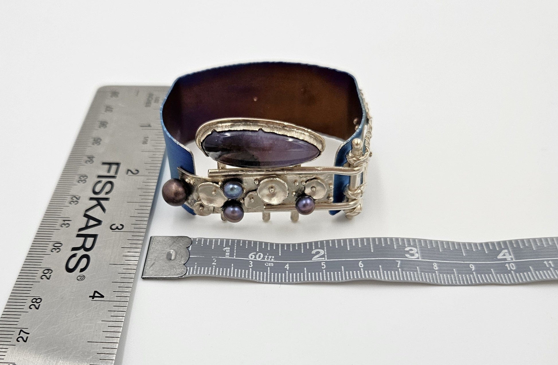 Artisan sterling silver abstract modernist Niobium Pearl Quartz Cuff Bracelet, view 9 of 9