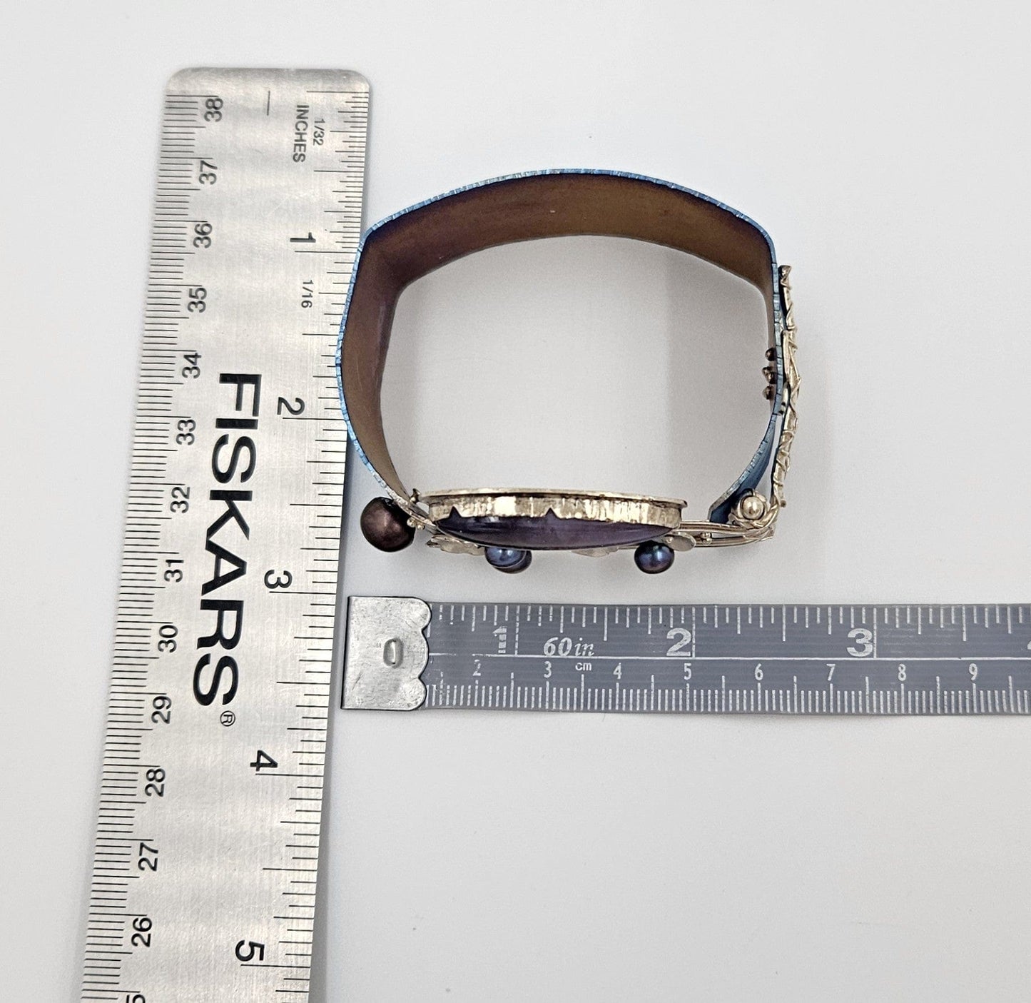Artisan sterling silver abstract modernist Niobium Pearl Quartz Cuff Bracelet, view 8 of 9