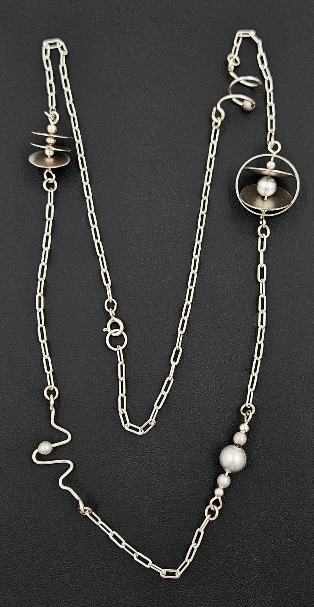 Artisan Sterling Modernist Necklace Jewelry Artisan Made Abstract Modernist Sterling Bead Disc & Pearl XL Station Necklace