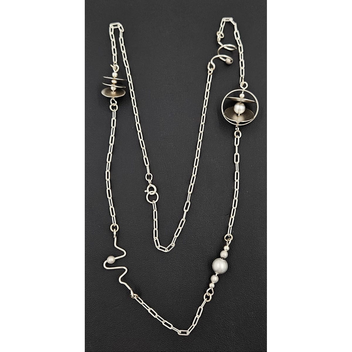 Artisan Sterling Modernist Necklace Jewelry Artisan Made Abstract Modernist Sterling Bead Disc &amp; Pearl XL Station Necklace
