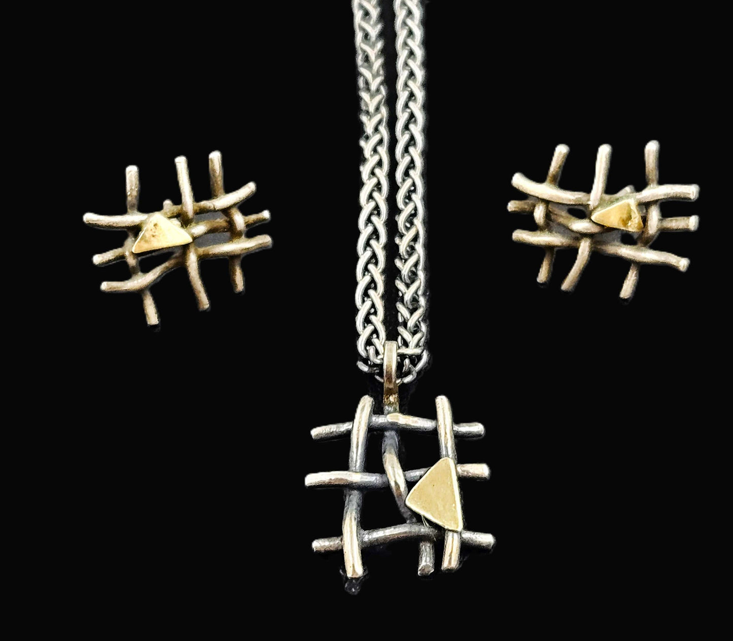 Vintage Artisan sterling silver and 24K gold plated modernist Necklace and Earring Set, view 1 of 7
