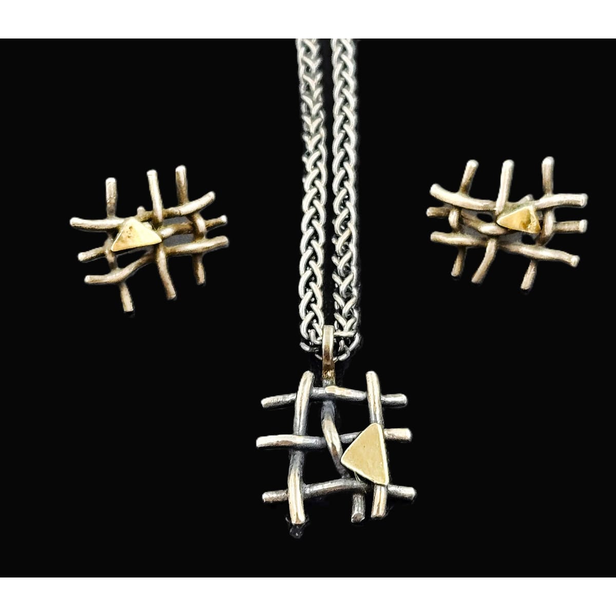 Vintage Artisan sterling silver and 24K gold plated modernist Necklace and Earring Set, view 1 of 7