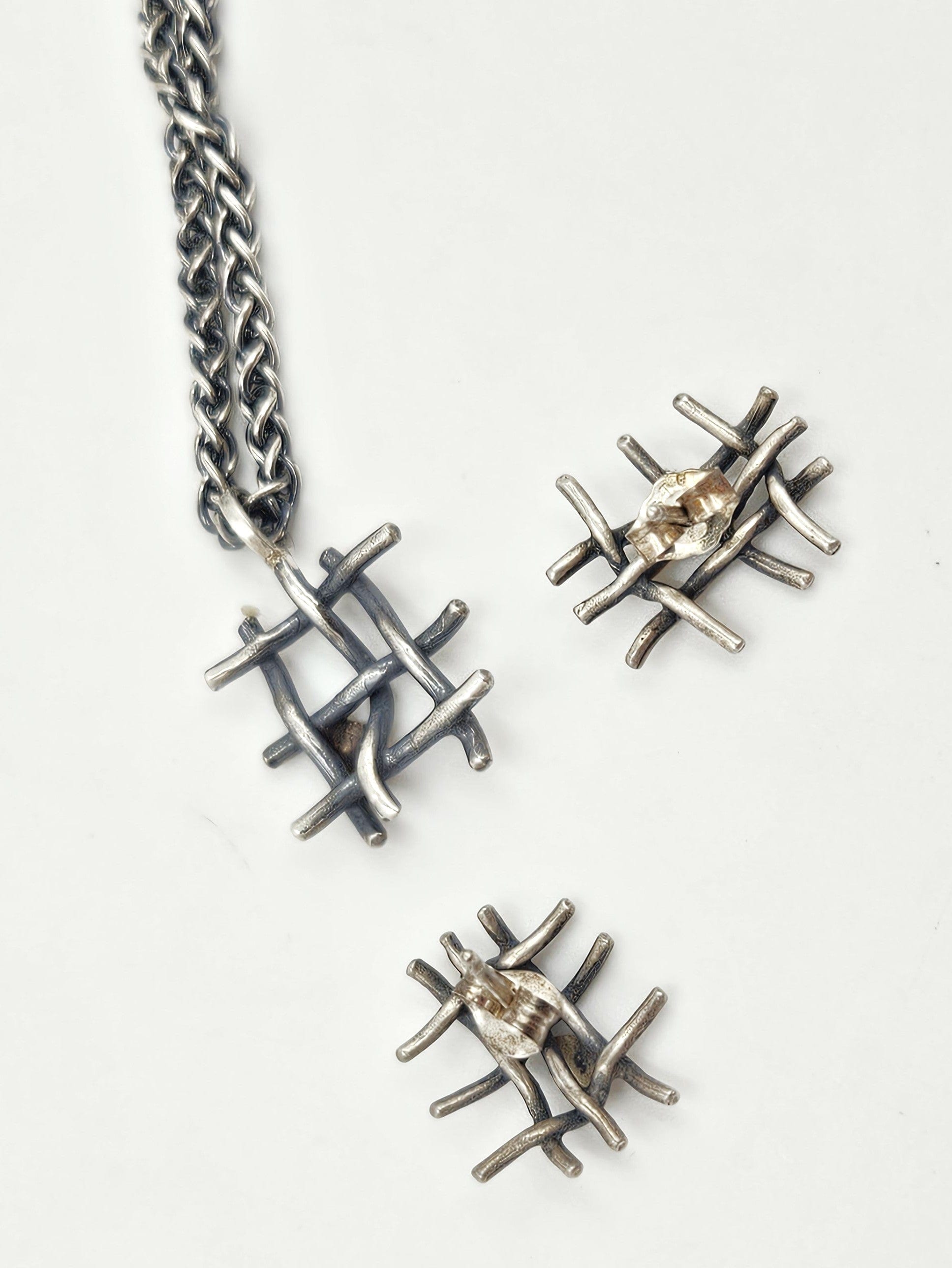 Vintage Artisan sterling silver and 24K gold plated modernist Necklace and Earring Set, view 5 of 7