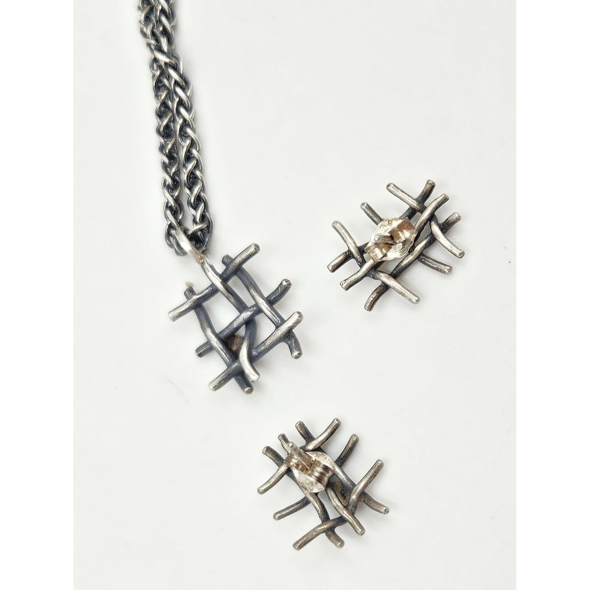 Vintage Artisan sterling silver and 24K gold plated modernist Necklace and Earring Set, view 5 of 7