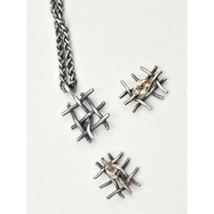 Vintage Artisan sterling silver and 24K gold plated modernist Necklace and Earring Set, view 5 of 7