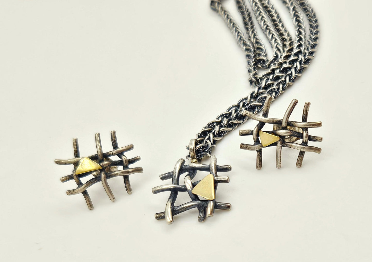 Vintage Artisan sterling silver and 24K gold plated modernist Necklace and Earring Set, view 4 of 7