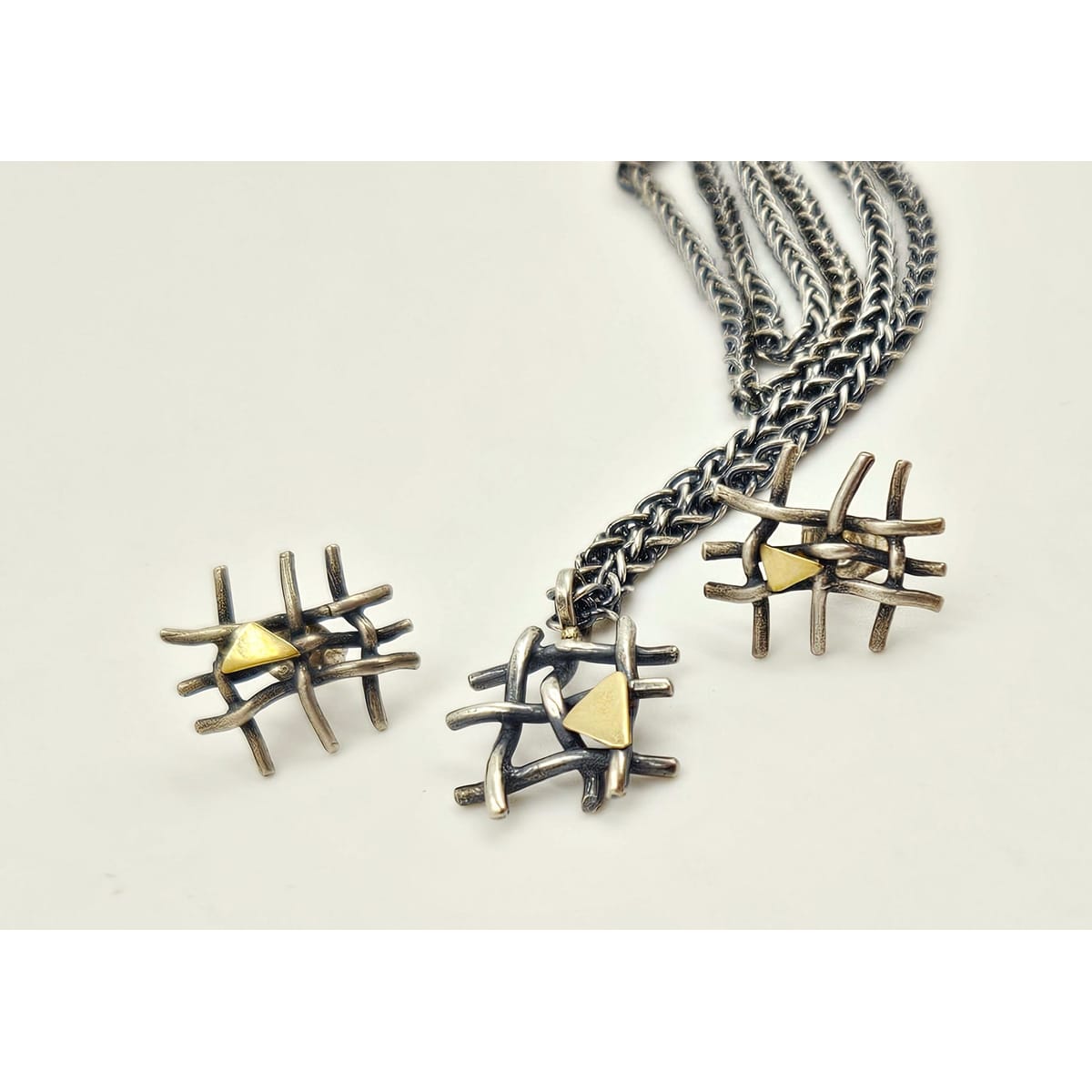 Vintage Artisan sterling silver and 24K gold plated modernist Necklace and Earring Set, view 4 of 7