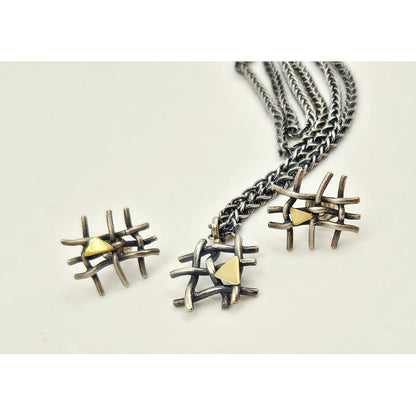 Vintage Artisan sterling silver and 24K gold plated modernist Necklace and Earring Set, view 4 of 7