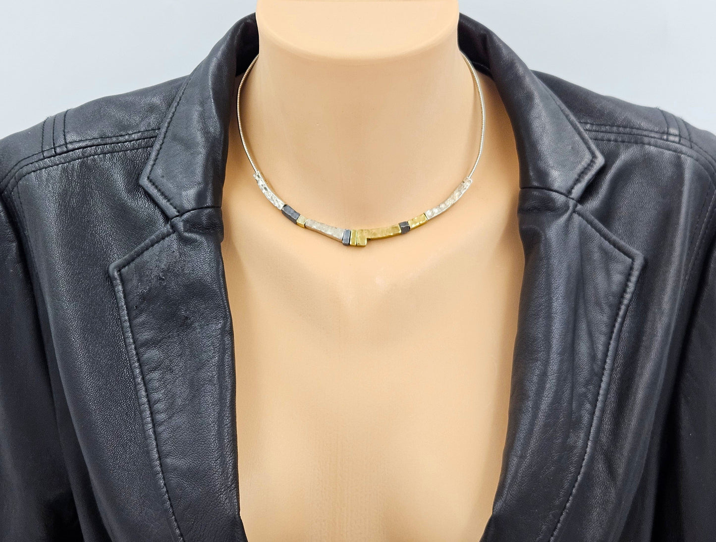modernist Hammered Pendants Multi-Tone sterling silver and 24K gold plated Necklace, view 2 of 8