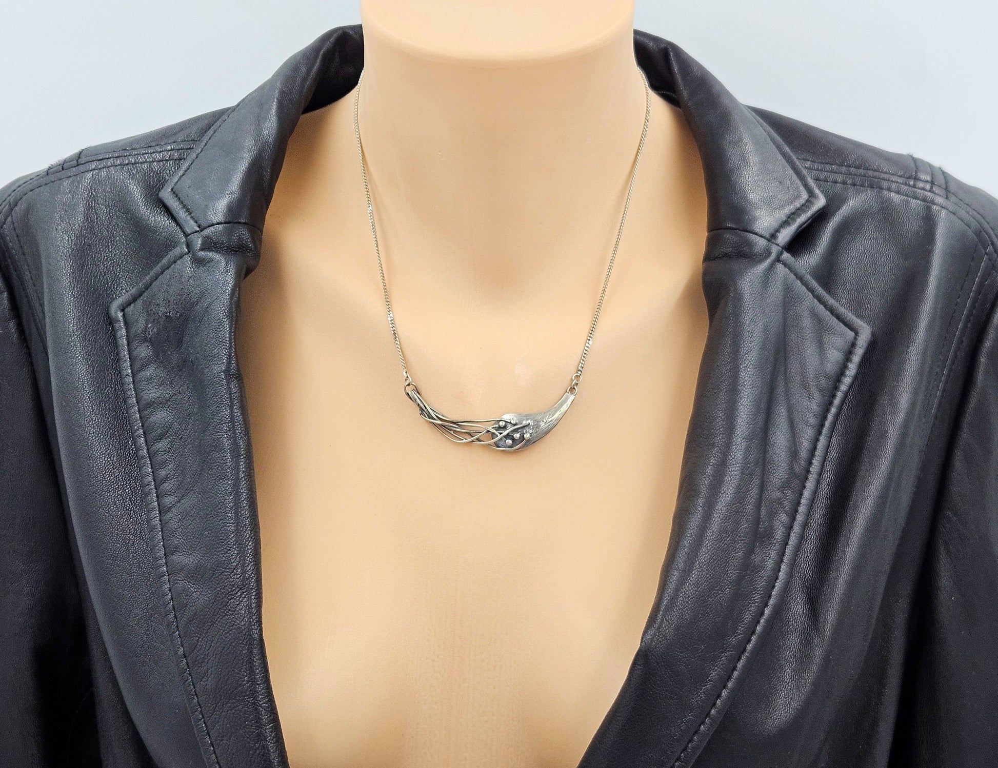 Vintage sterling silver Artisan Signed abstract modernist Y Pendant Necklace, view 1 of 9