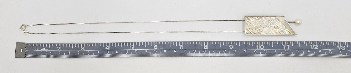 Artisan Sterling Necklace Jewelry Sterling & Gold and Pearl Abstract Modernist Pendant Necklace Signed
