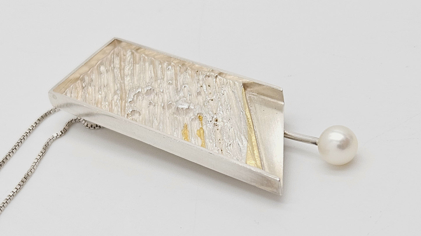 Artisan Sterling Necklace Jewelry Sterling & Gold and Pearl Abstract Modernist Pendant Necklace Signed