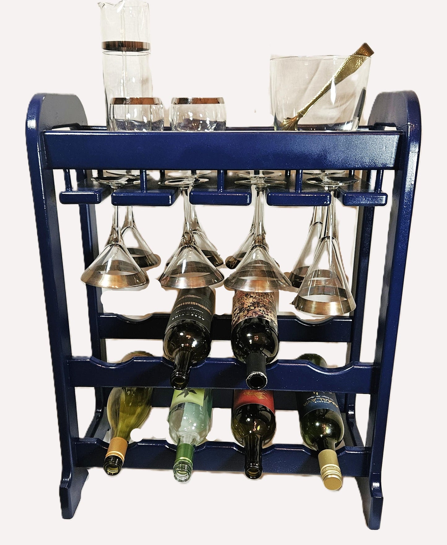 Artisan Wood Wine Rack Bar Cart Barware Artisan Made Solid Wood Navy Blue Wine & Glass Rack Bar Cart Stand C. 1960s