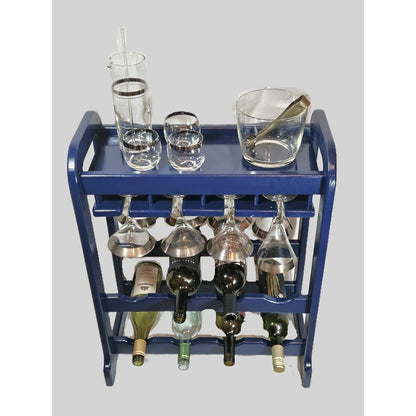 Artisan Wood Wine Rack Bar Cart Barware Artisan Made Solid Wood Navy Blue Wine &amp; Glass Rack Bar Cart Stand C. 1960s
