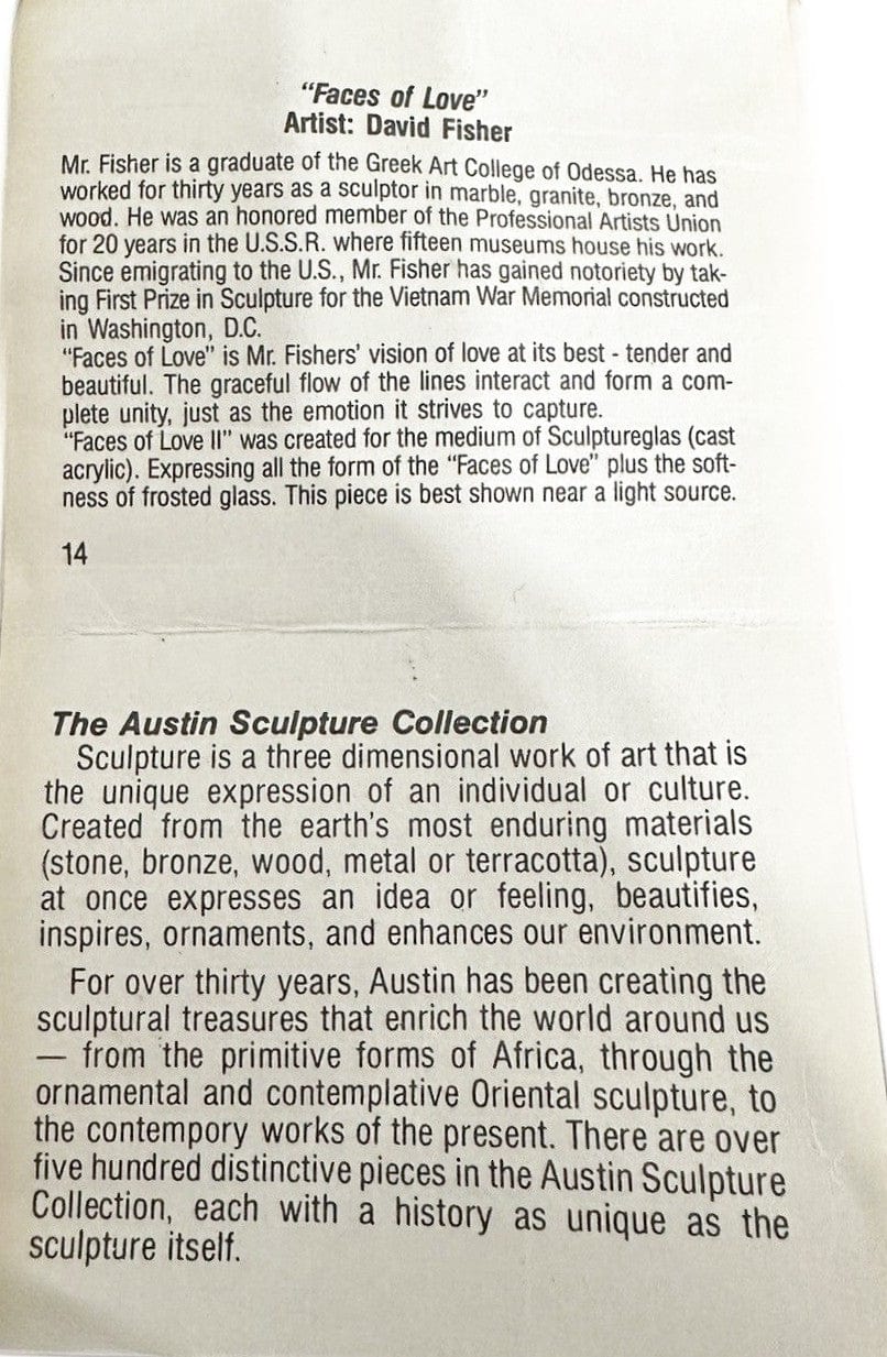 Austin Productions Sculpture Austin Productions David Fisher Faces of Love Brass & Wood Sculpture 1980s