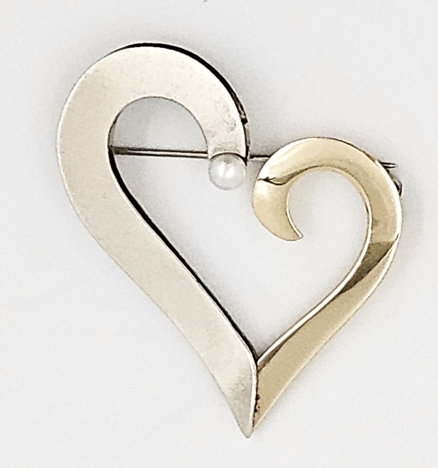 B Levy Jewelry Superb Artisan Signed B Levy Sterling 14k Gold & Pearl Modernist Heart Brooch