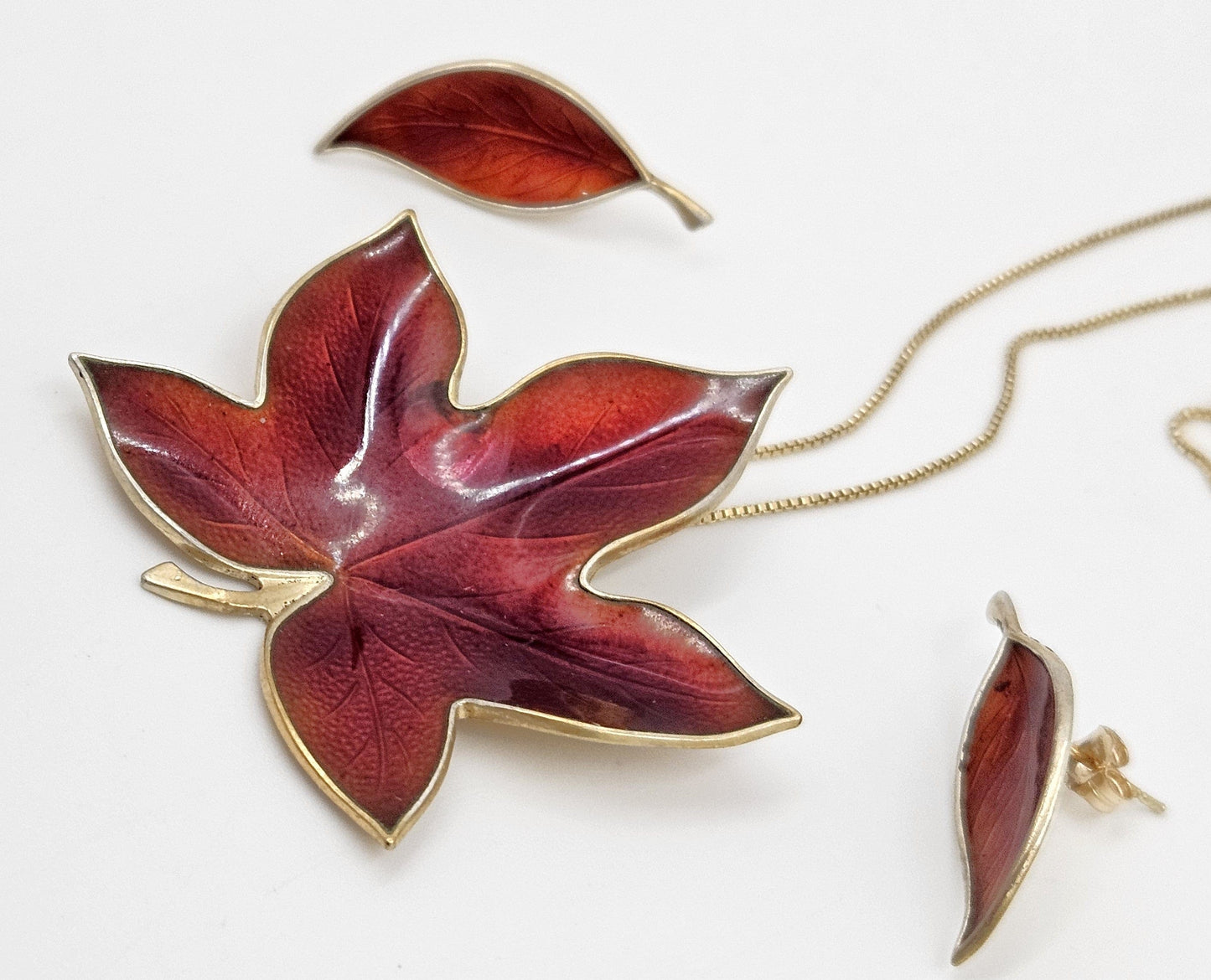 Bjorklund Jewelry Rare Bjorklund Denmark Sterling Enamel Leaf Necklace + Earrings Set 1960s