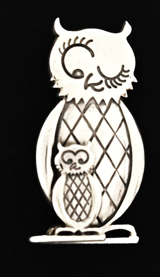 Brammer Jewelry Danish Max Brammer Sterling 3D Winking Mama Owl w/ Baby Owl Brooch 1960s