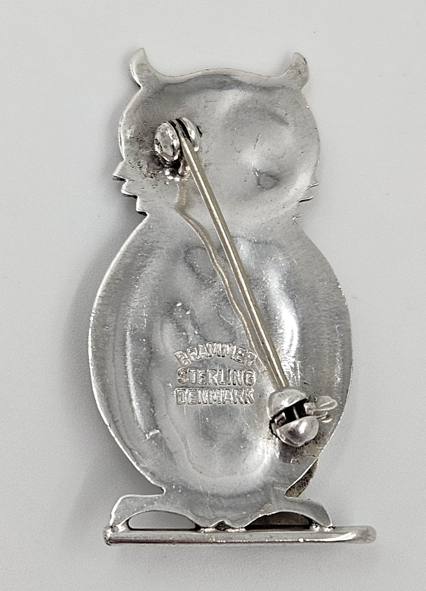 Brammer Jewelry Danish Max Brammer Sterling 3D Winking Mama Owl w/ Baby Owl Brooch 1960s