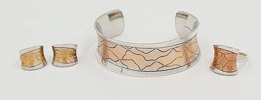 Breuning Jewelry Designer Breuning Sterling & Rose Gold Modernist Bracelet Earrings Ring Set