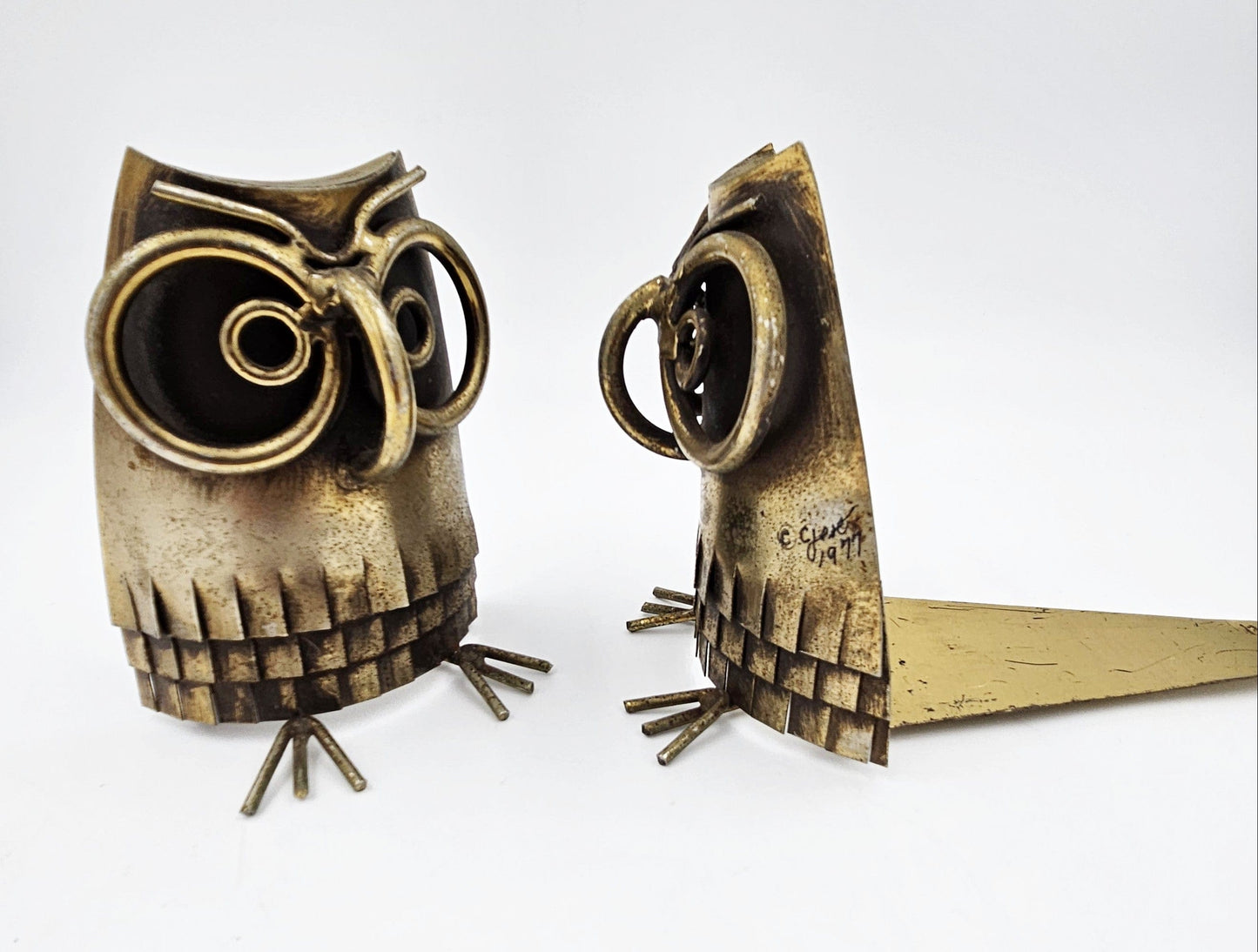 C Jere Bookends Designer Curtis Jere Brass Copper 3-D Owl Bookends Signed Dated 1977 RARE
