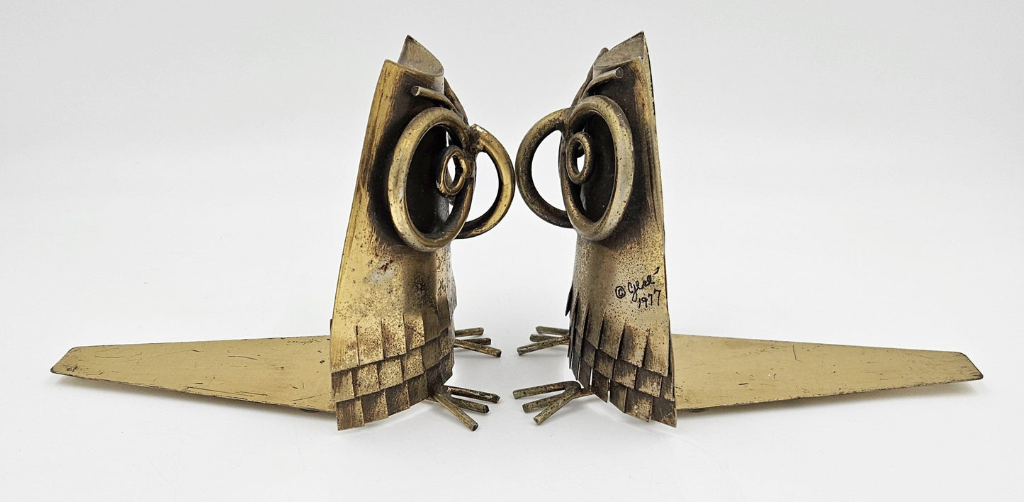C Jere Bookends Designer Curtis Jere Brass Copper 3-D Owl Bookends Signed Dated 1977 RARE
