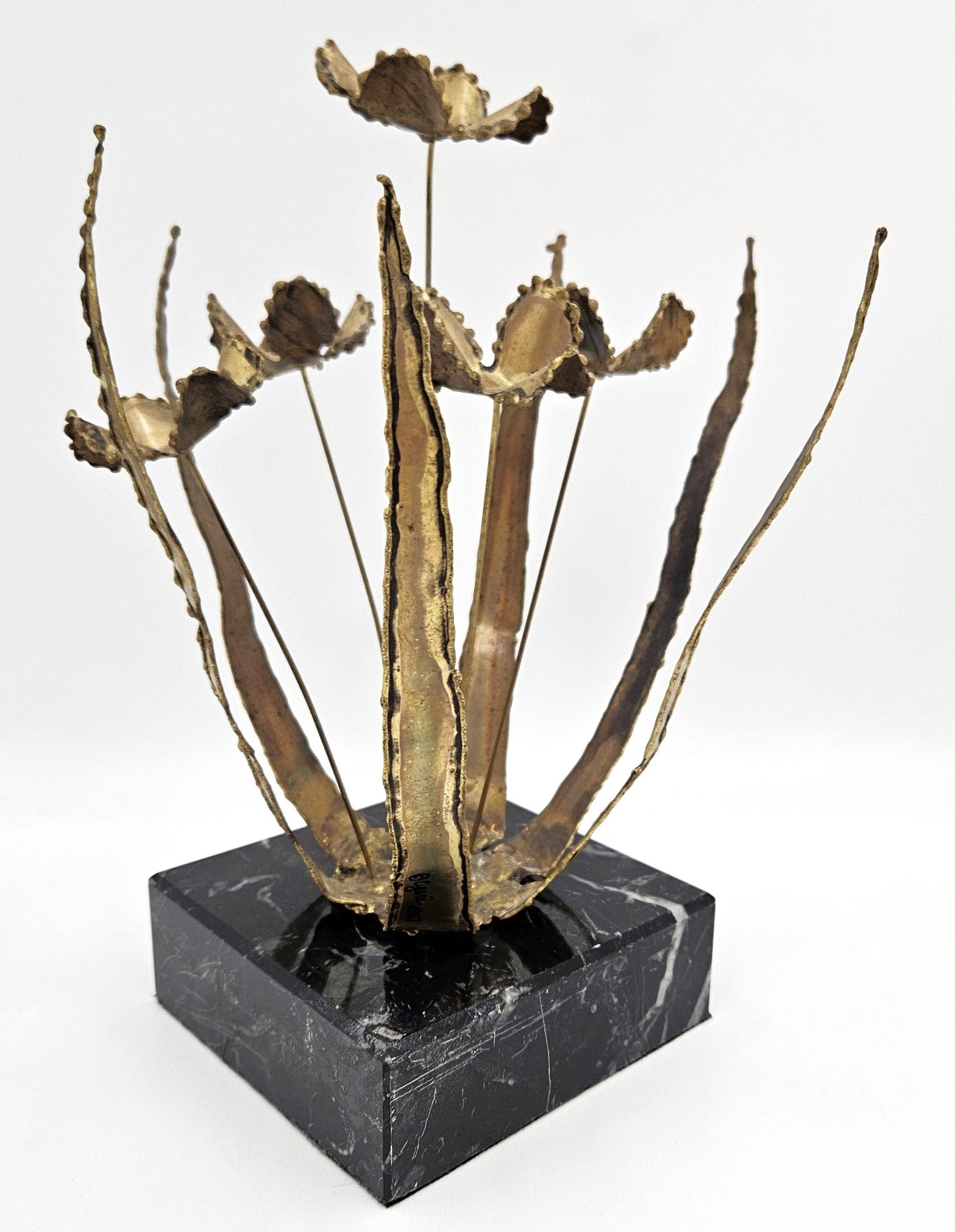 C Jere Sculpture C Jere Brutalist Torch Cut Brass Floriform Sculpture on Marble Base 1967