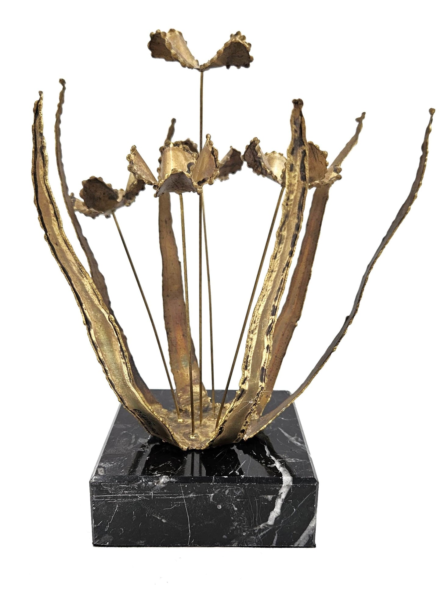 C Jere Sculpture C Jere Brutalist Torch Cut Brass Floriform Sculpture on Marble Base 1967