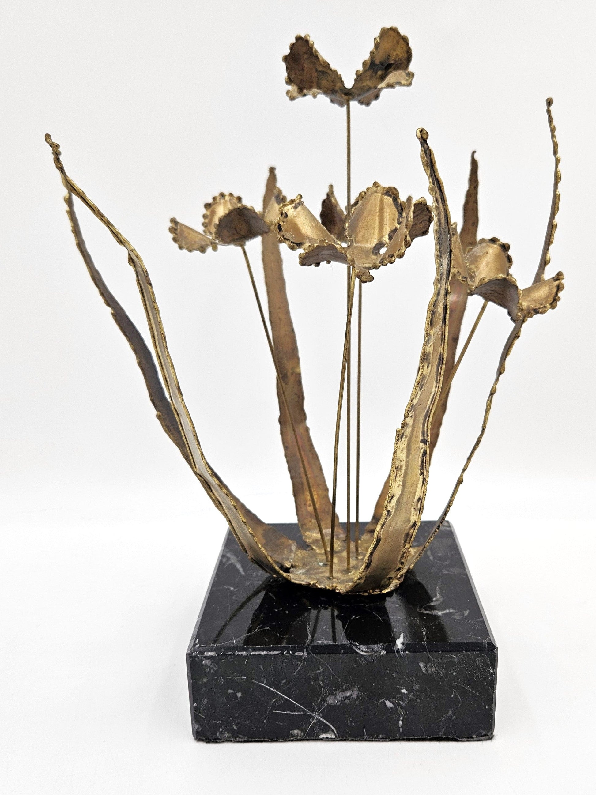 C Jere Sculpture C Jere Brutalist Torch Cut Brass Floriform Sculpture on Marble Base 1967