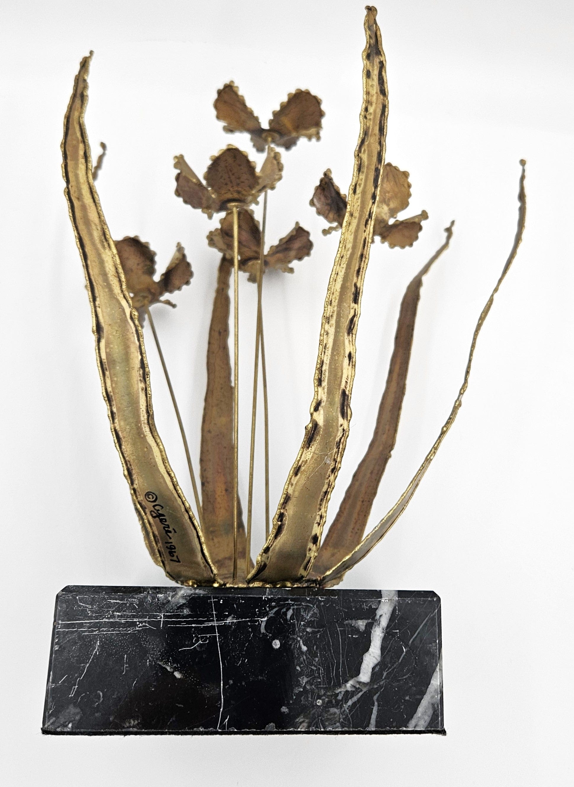 C Jere Sculpture C Jere Brutalist Torch Cut Brass Floriform Sculpture on Marble Base 1967