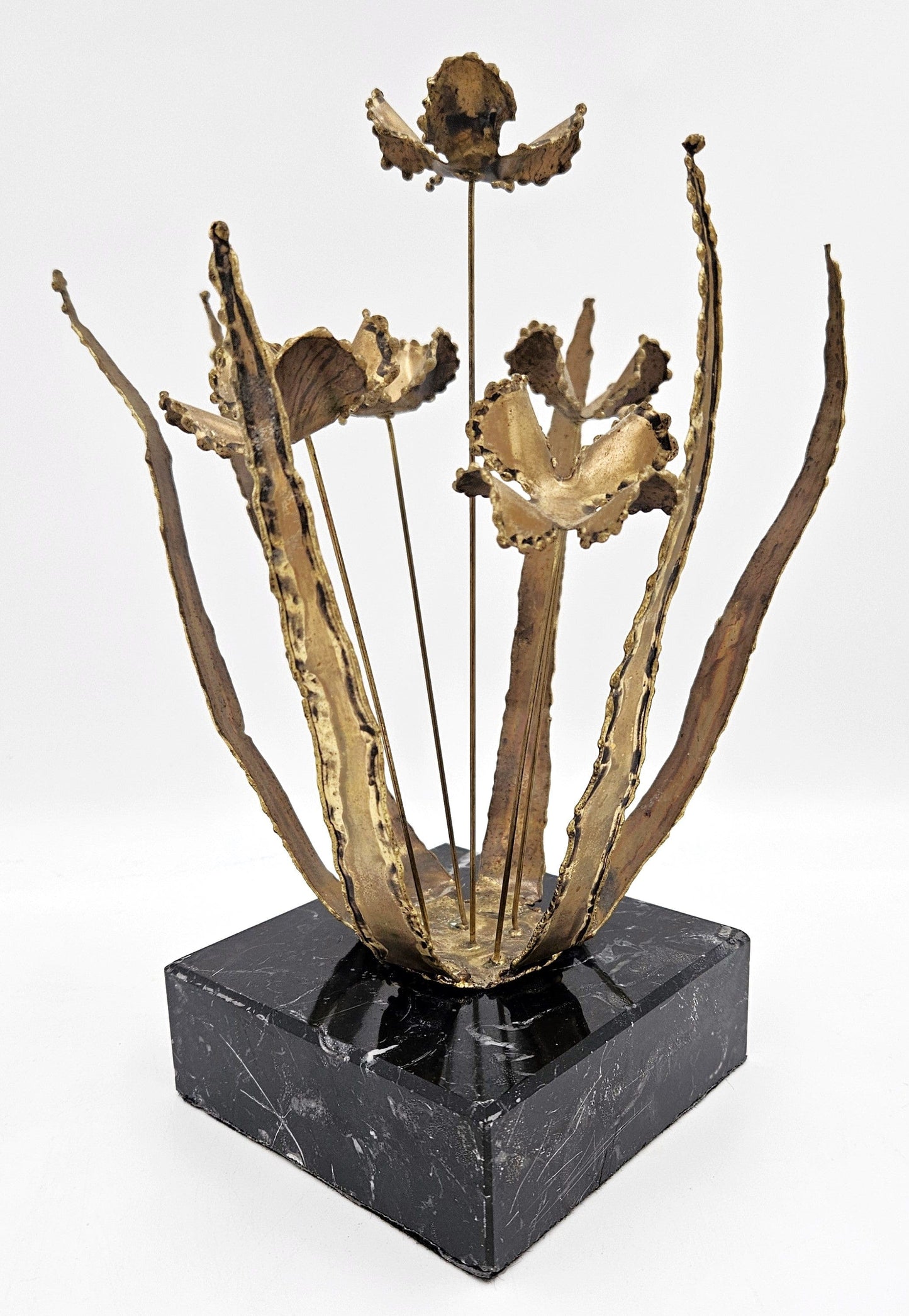 C Jere Sculpture C Jere Brutalist Torch Cut Brass Floriform Sculpture on Marble Base 1967