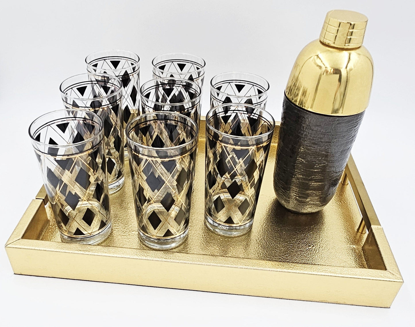 Cera Barware NOS Libbey Black Gold Argyle Glasses w/ Nima Oberoi Lunares Shaker Tray Set