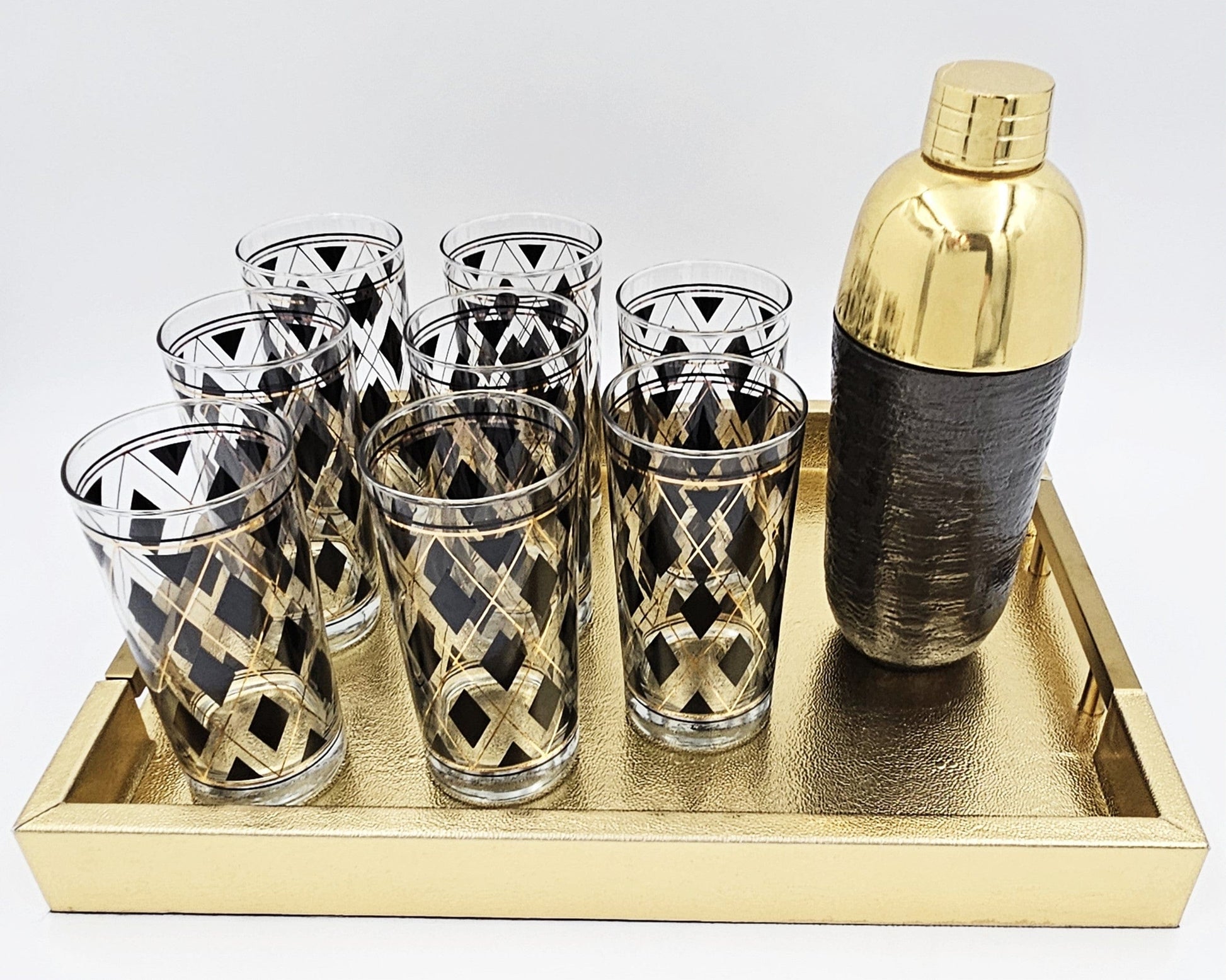Cera Barware NOS Libbey Black Gold Argyle Glasses w/ Nima Oberoi Lunares Shaker Tray Set