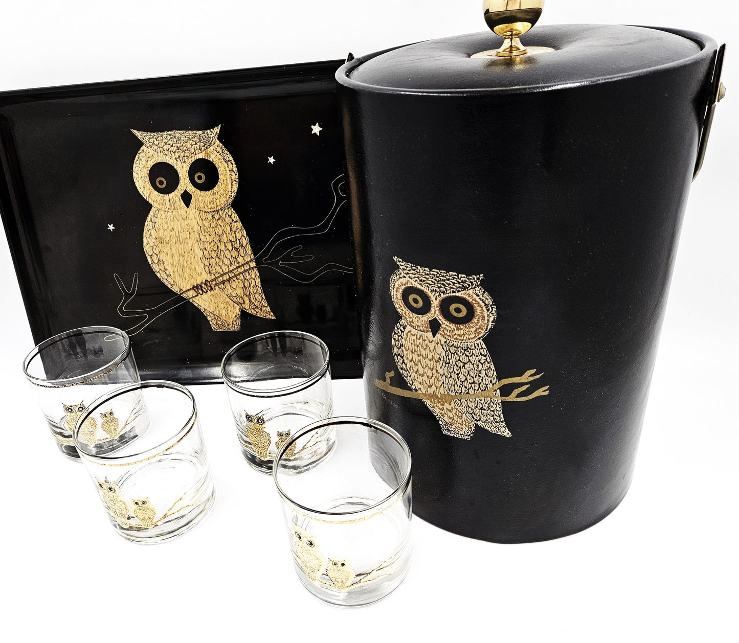 Couroc Serveware Couroc California Melamine Owl Glassware Ice Bucket Serving Tray Set 1960s