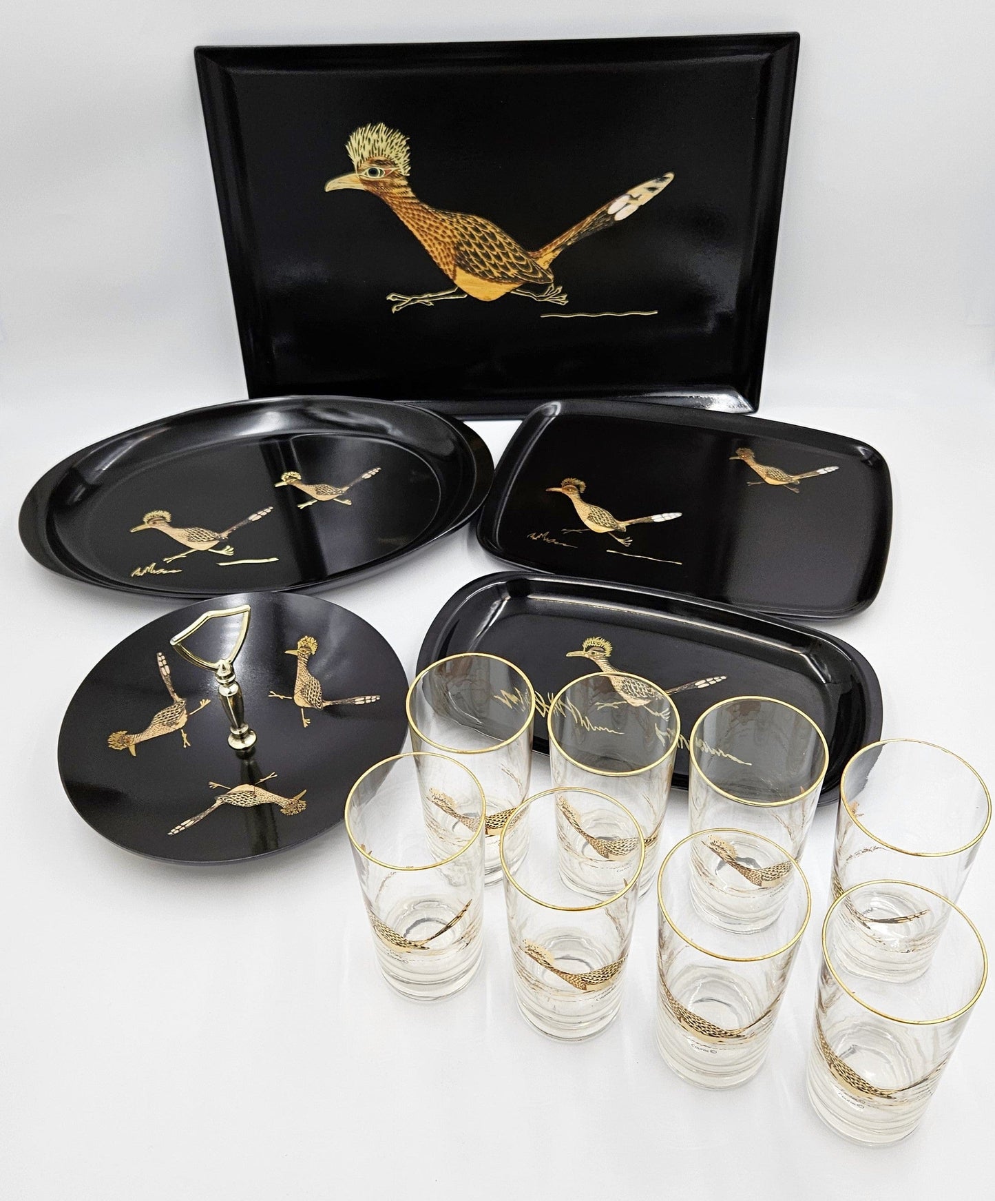 Couroc Serveware MCM Couroc Melamine Roadrunner Serving Trays & Glassware Huge Set 1966