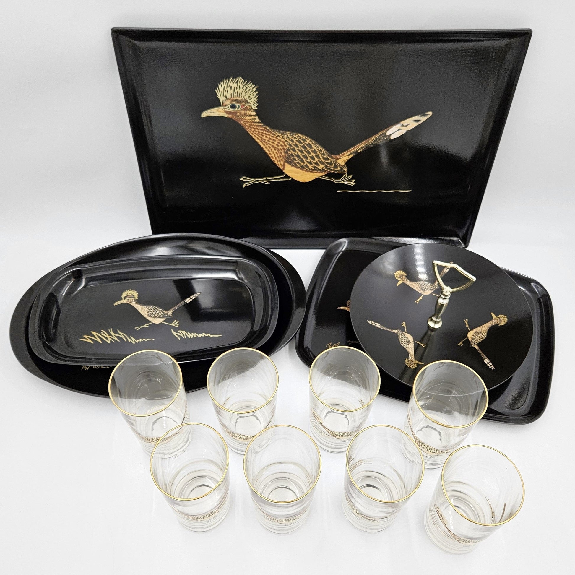 Couroc Serveware MCM Couroc Melamine Roadrunner Serving Trays & Glassware Huge Set 1966