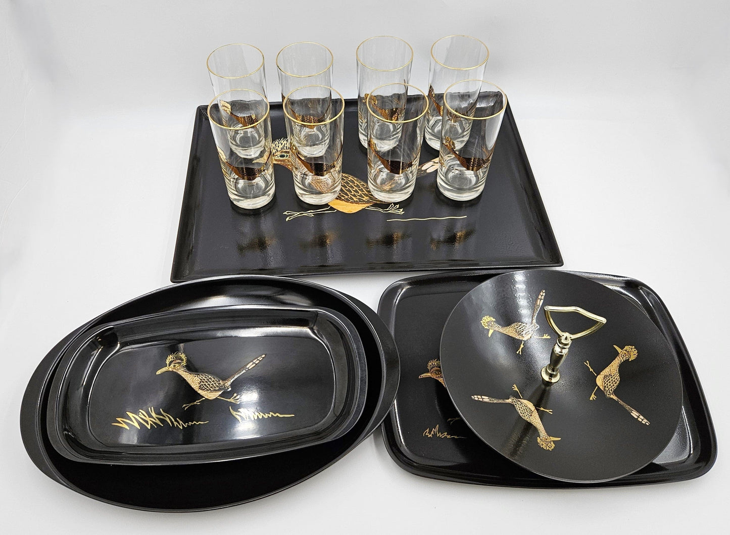 Couroc Serveware MCM Couroc Melamine Roadrunner Serving Trays & Glassware Huge Set 1966