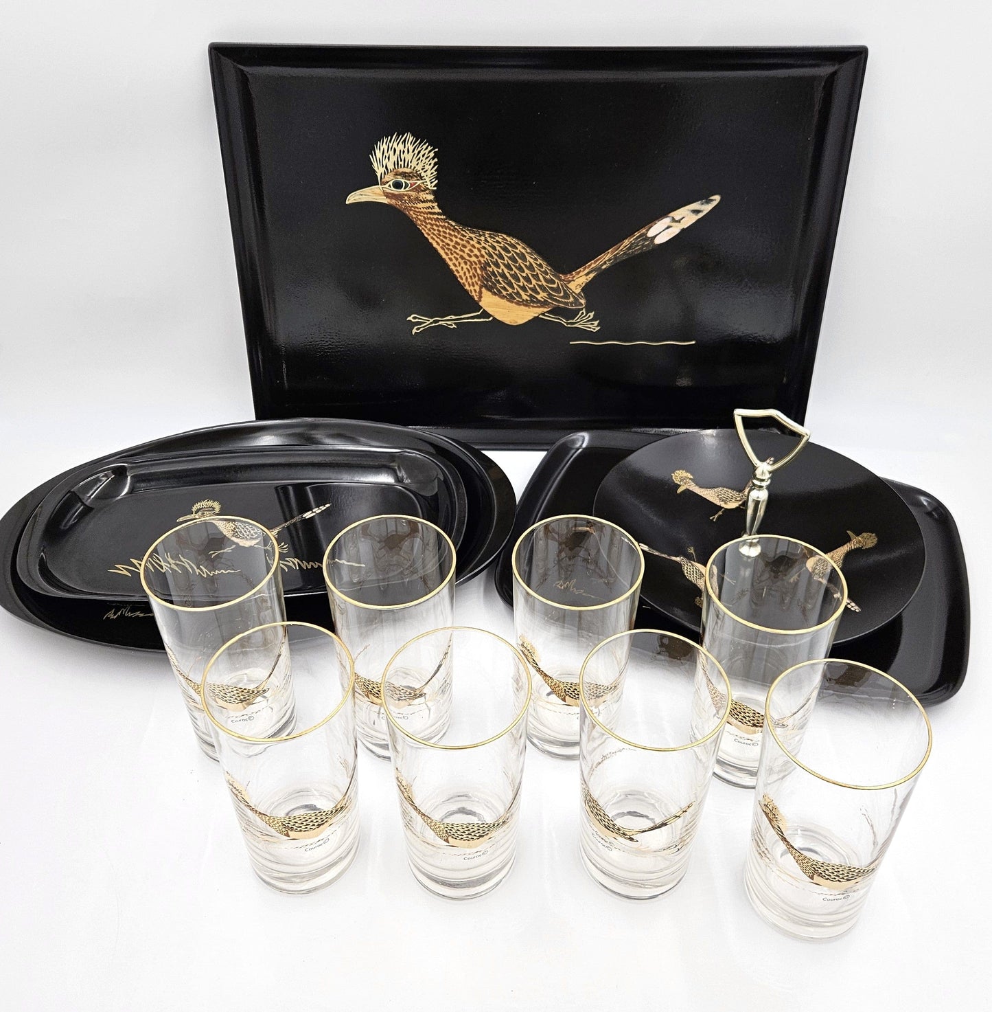 Couroc Serveware MCM Couroc Melamine Roadrunner Serving Trays & Glassware Huge Set 1966