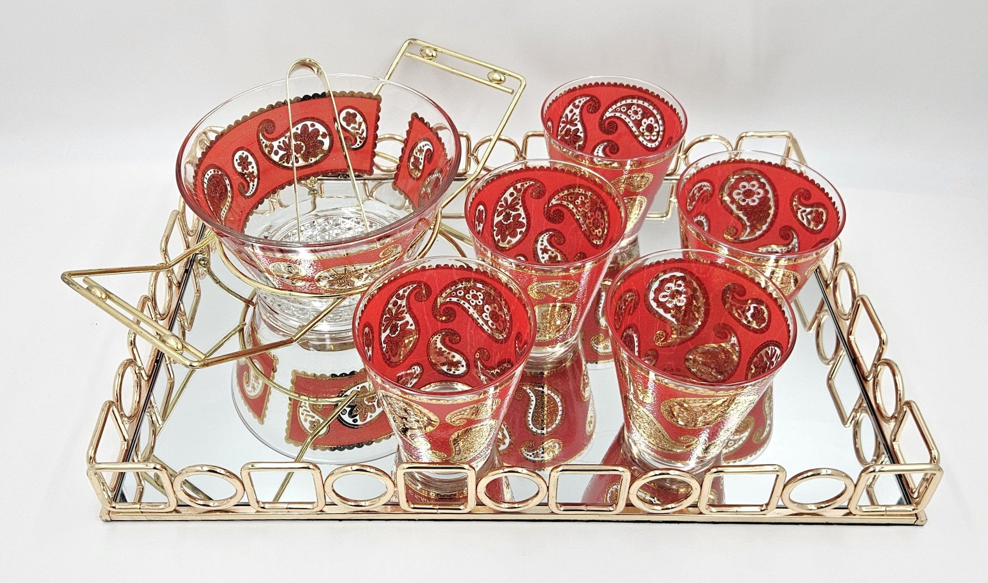 Culver Serveware Culver Red Paisley 22k Gold Glasses Ice Bucket Caddy Tray Set 1960s