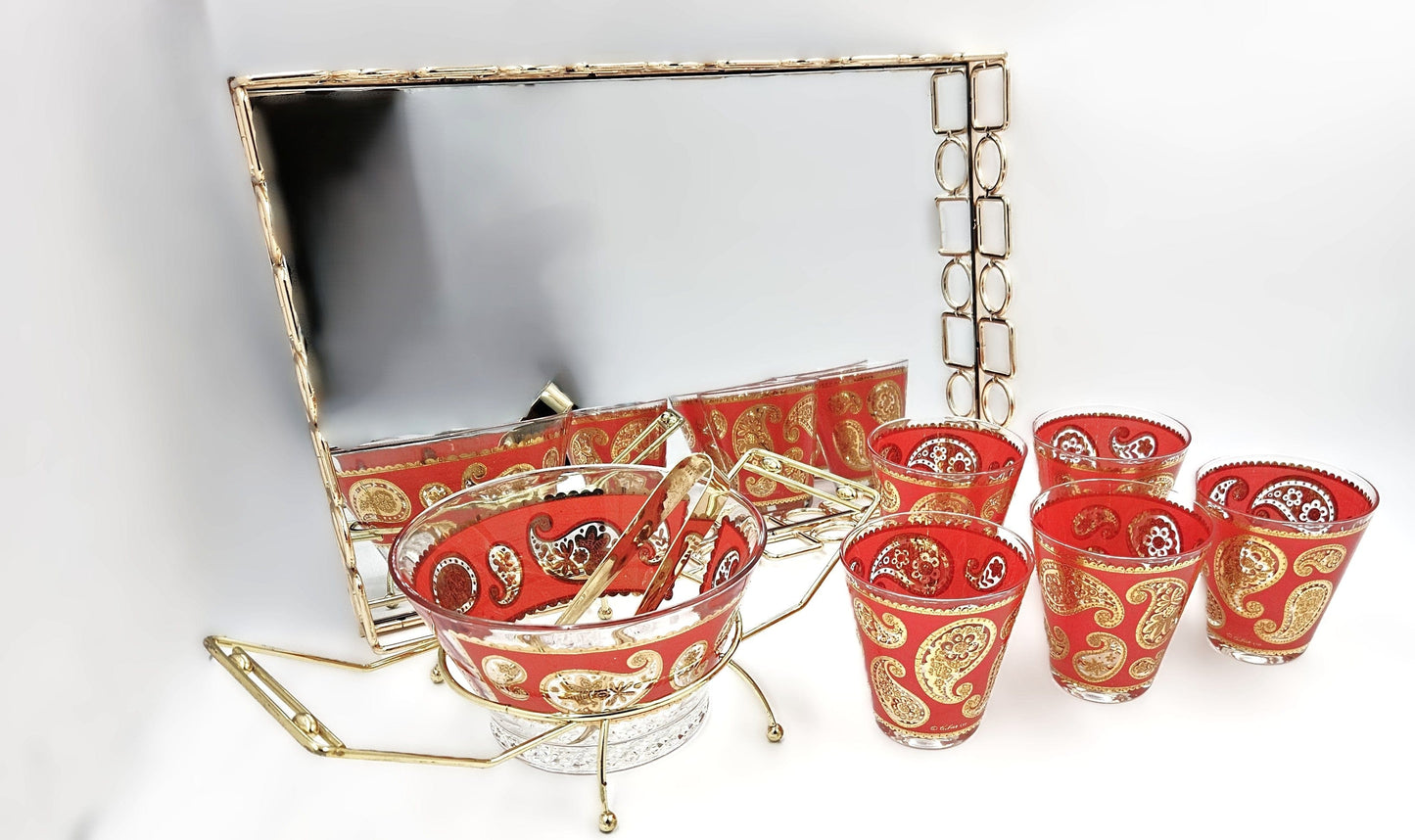 Culver Serveware Culver Red Paisley 22k Gold Glasses Ice Bucket Caddy Tray Set 1960s