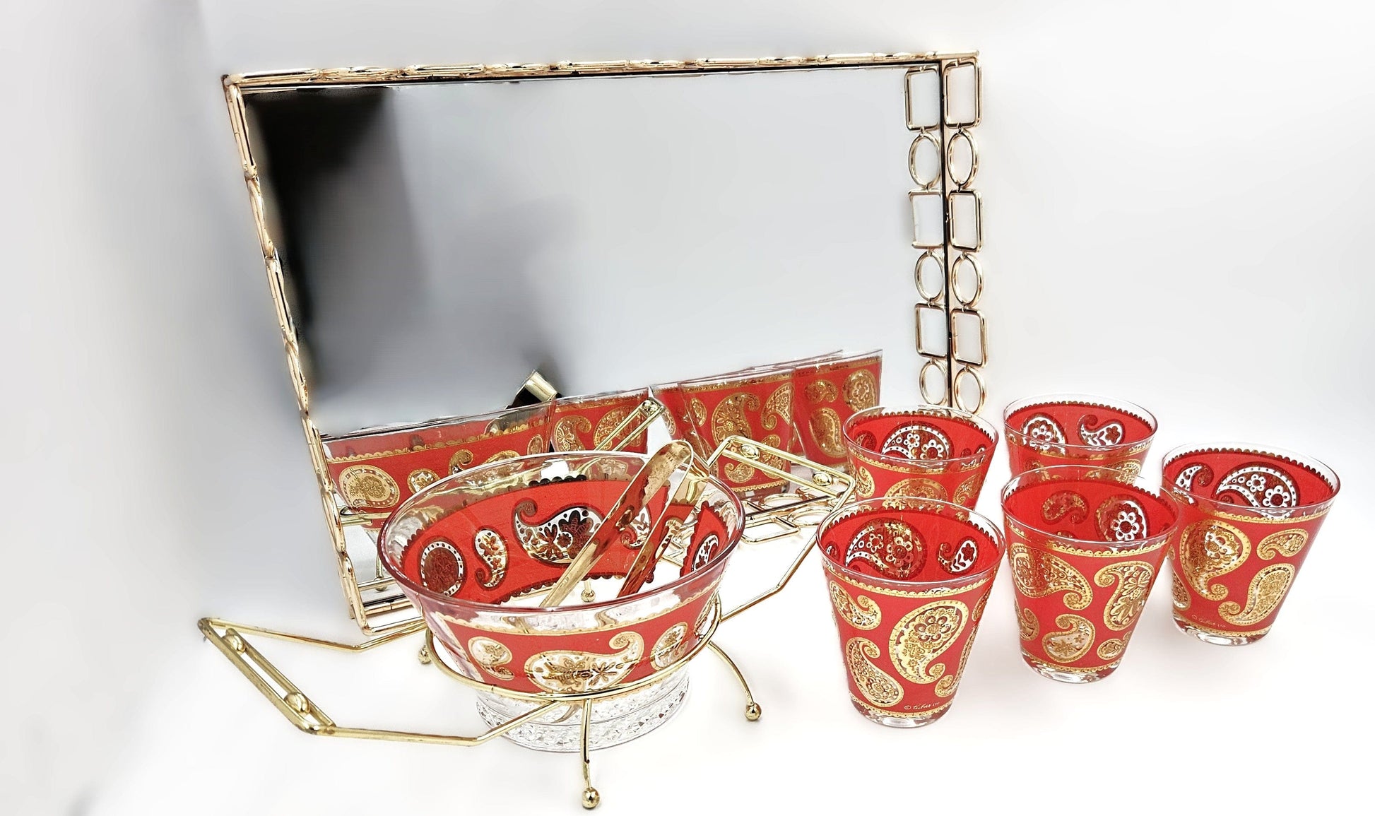 Culver Serveware Culver Red Paisley 22k Gold Glasses Ice Bucket Caddy Tray Set 1960s