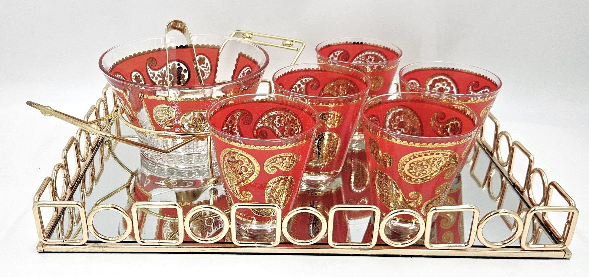 Culver Serveware Culver Red Paisley 22k Gold Glasses Ice Bucket Caddy Tray Set 1960s